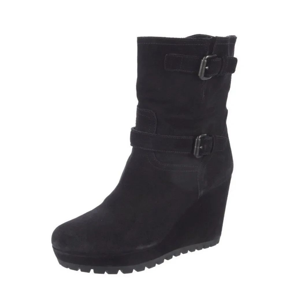 Prada Authentic Solid Black Suede Leather Wedge Heel Ankle Boots 9.5